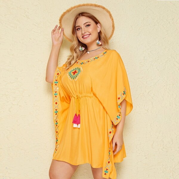 

Plus Floral Embroidery Drawstring Waist Cover Up