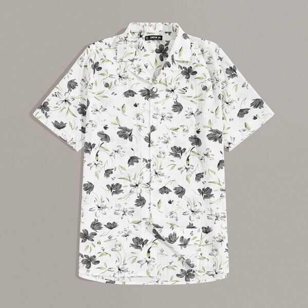 

Men Button Fly Floral Print Revere Collar Shirt