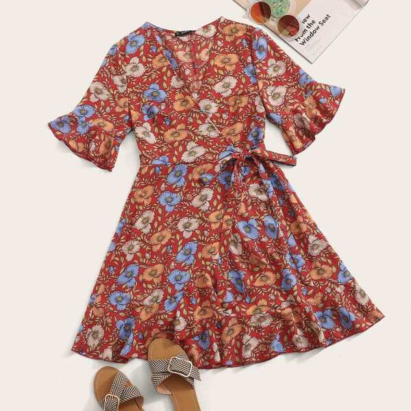 

Tie Front Flounce Sleeve Ruffle Hem Belted Wrap Dress, Multicolor
