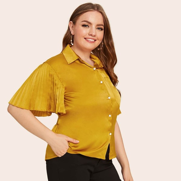 

Plus Pleated Cuff Tie Back Blouse, Yellow