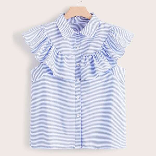 

Plus Striped Button Front Ruffle Blouse