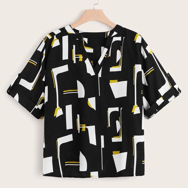 

Plus Geometric Print Roll Up Sleeve Blouse, Multicolor
