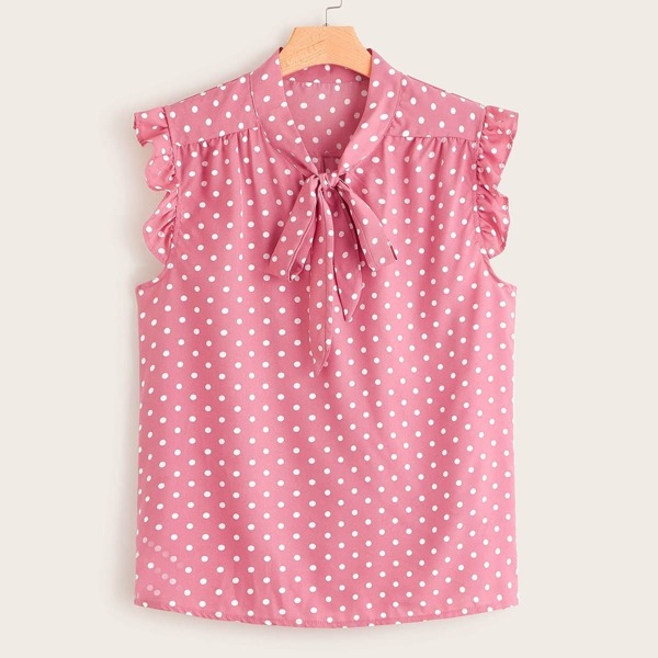 

Plus Polka Dot Tie Neck Frill Cuff Blouse, Pink