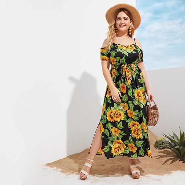 

Plus Cold Shoulder Sunflower Print Slit Hem Dress, Multicolor