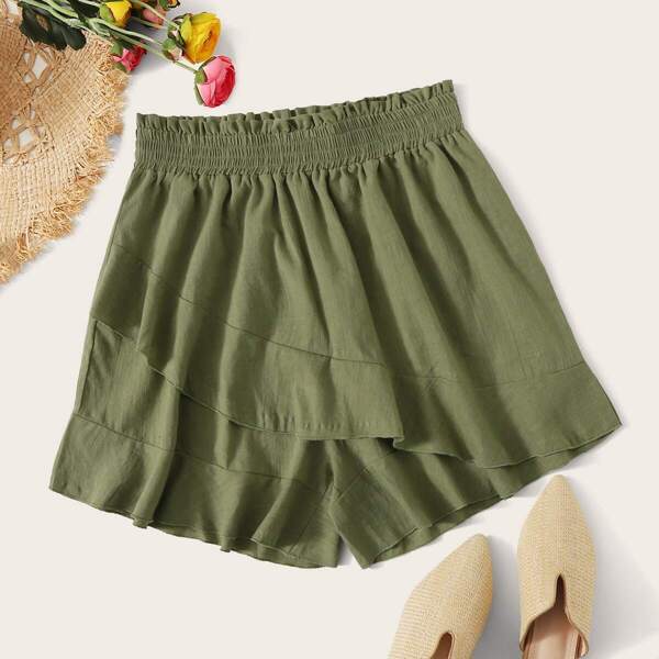 

Plus Ruffle Shirred Waist Shorts, Army green