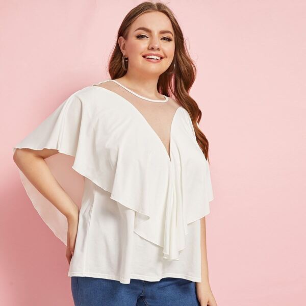 

Plus Contrast Mesh Ruffle Detail Blouse