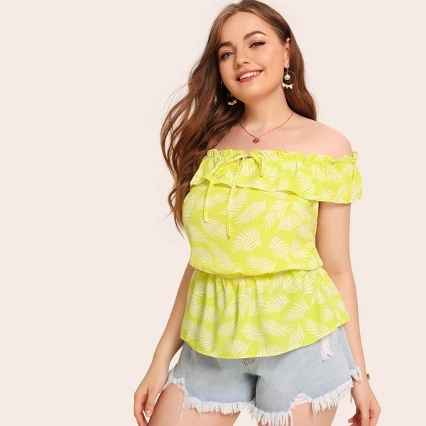 

Plus Plant Print Off The Shoulder Lettuce Frill Ruffle Trim Knot Top