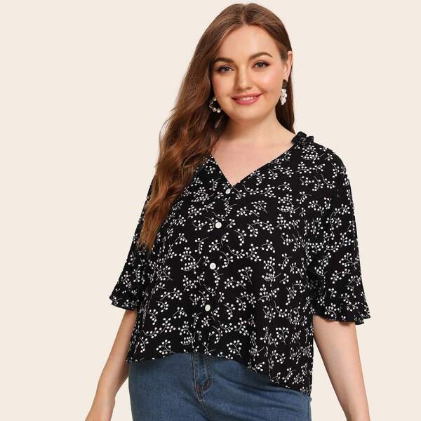 

Plus Floral Print Frill Trim Blouse