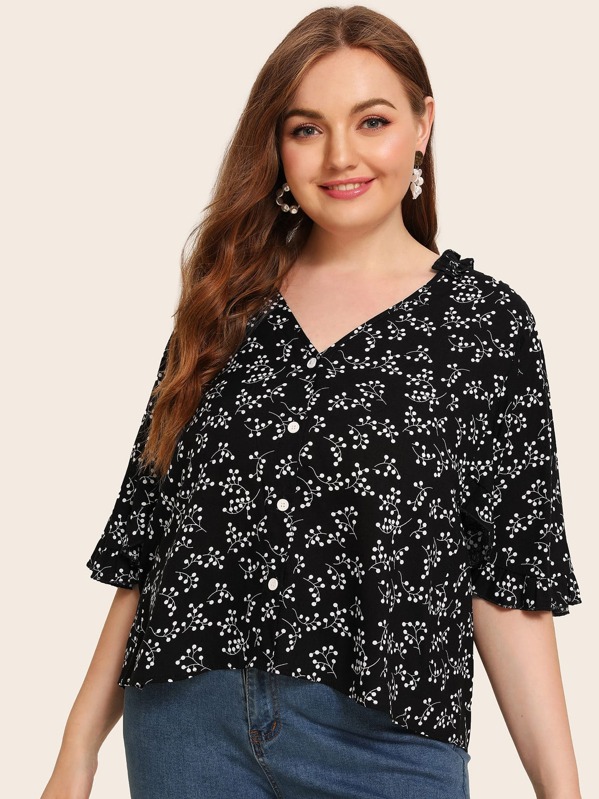 

Plus Floral Print Frill Trim Blouse, Black and white, Olga B