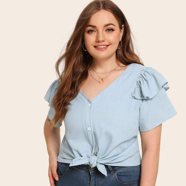

Plus Ruffle Trim Button Front Tie Front Denim Blouse, Blue