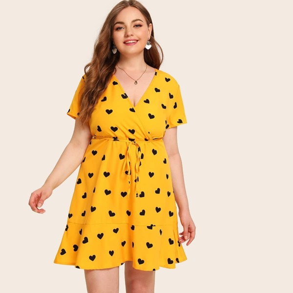 

Plus Heart Print Surplice Front Ruffle Hem Belted Dress