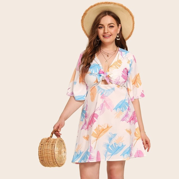 

Plus Palm Tree Print Tie Front Dress, Multicolor