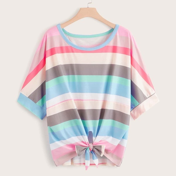 

Plus Rainbow Striped Tie Front Tee, Multicolor