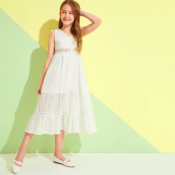 

Girls Knot Detail Lace Insert Button Up Schiffy Dress, White
