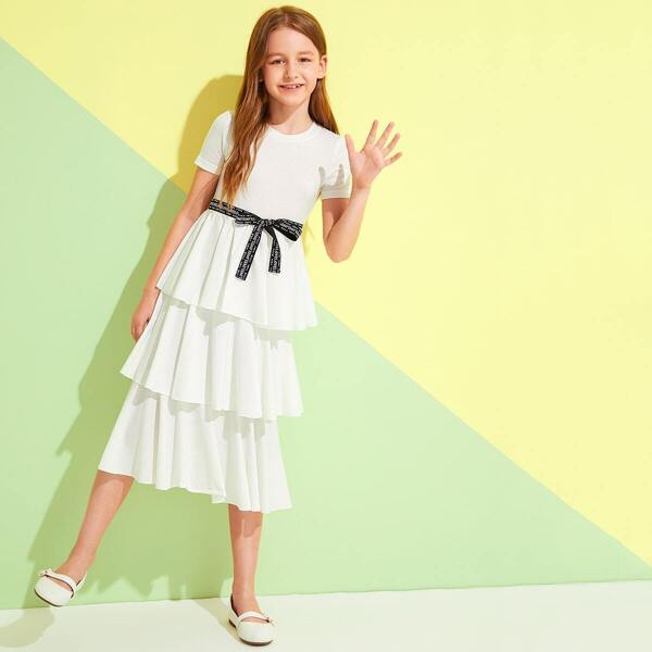

Girls Layered Ruffle Hem Dress With Self Letter Belt, White