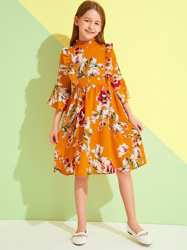 

Girls Mock-Neck Ruffle Trim Floral Print Dress, Yellow, Sashab