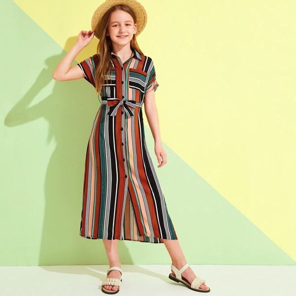

Girls Pocket Front Self Belted Shirt Dress