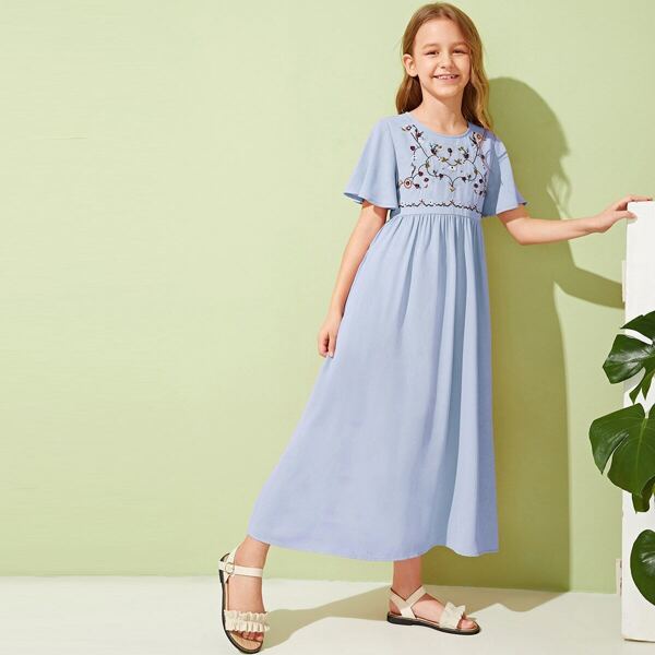 

Girls Embroidered Floral Flutter Sleeve Dress, Blue pastel