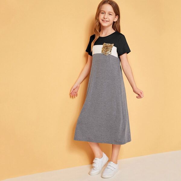 

Girls Sequin Pocket Patched Colorblock Dress, Multicolor