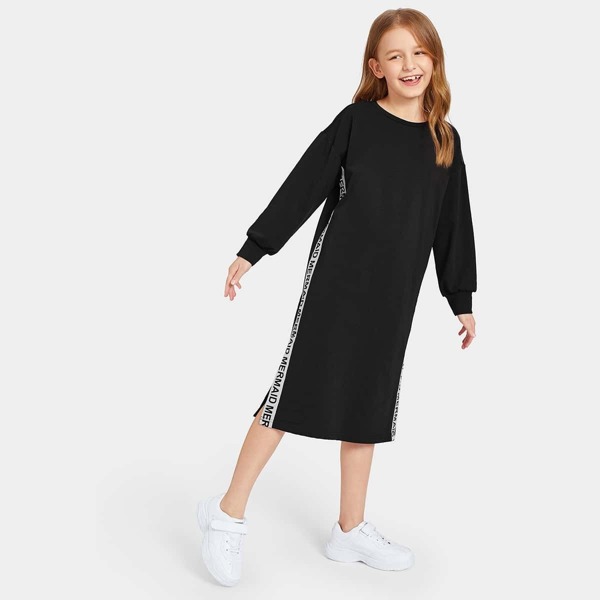 

Girls Slogan Tape Side Split Sweatshirt Dress, Black