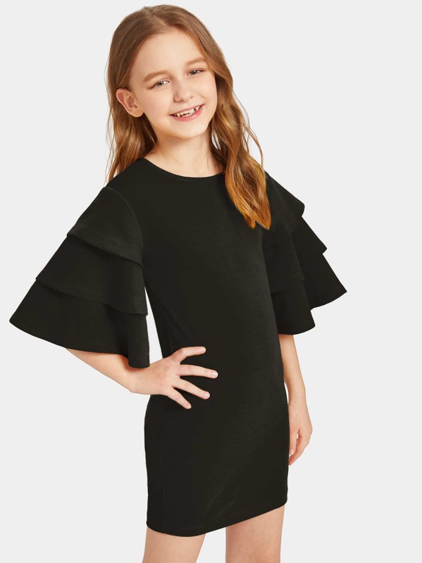 

Girls Layered Bell Sleeve Solid Dress, Black, Sashab