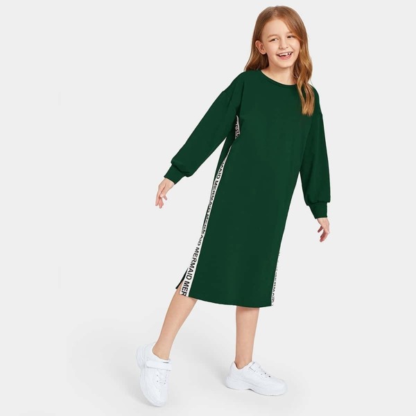 

Girls Lantern Sleeve Split Lettering Tape Side Dress