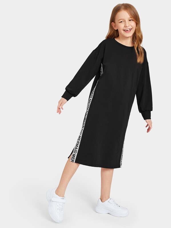 

Girls Slogan Tape Side Split Sweatshirt Dress, Black, Sashab