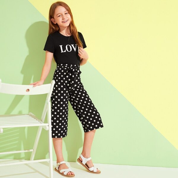 

Girls Letter Tee and Self Belted Palazzo Pants Set