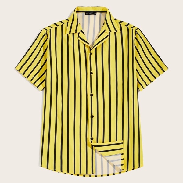 

Men Notch Collar Striped Shirt, Yellow bright