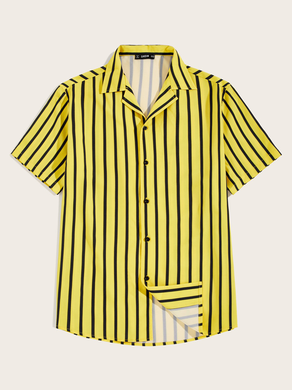

Men Notch Collar Striped Shirt, Yellow