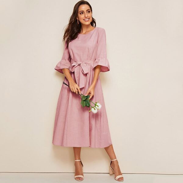 

Bell Sleeve Self Belted Solid Dress, Pink