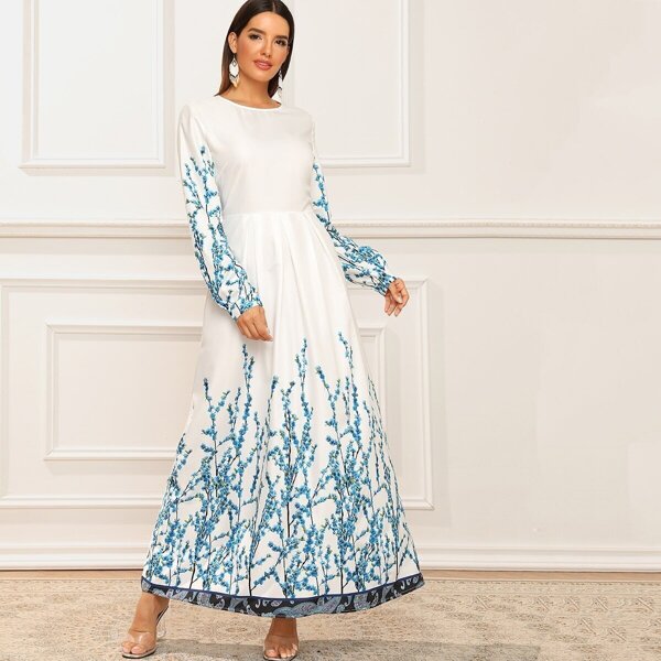 

Botanical and Paisley Print Pleated Dress, White