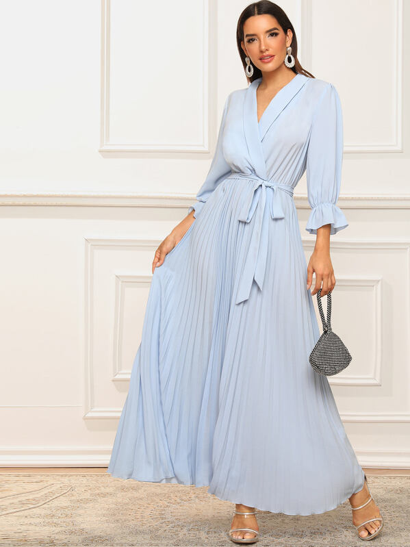 

Shawl Collar Pleated Hem Belted Maxi Hijab Dress, Blue, Juliana