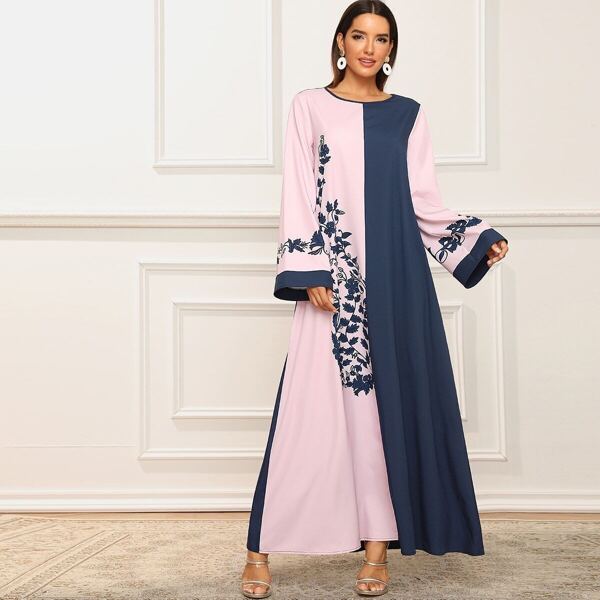 

Plant Print Color-block Maxi Hijab Dress, Multicolor