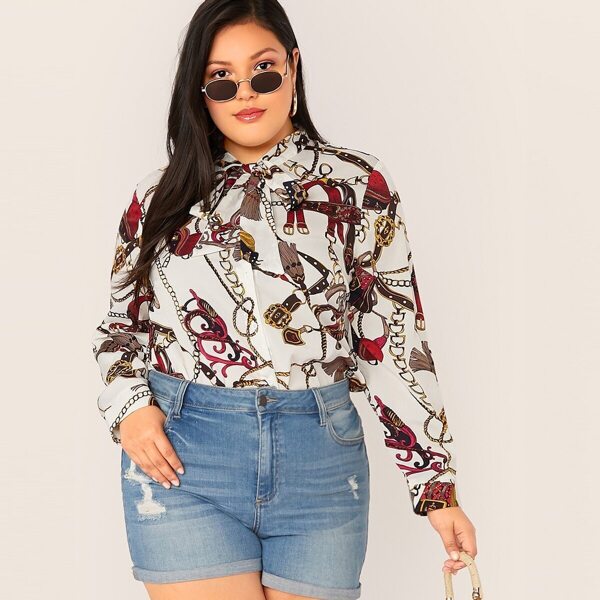 

Plus Tie Neck Chain Print Top, Multicolor