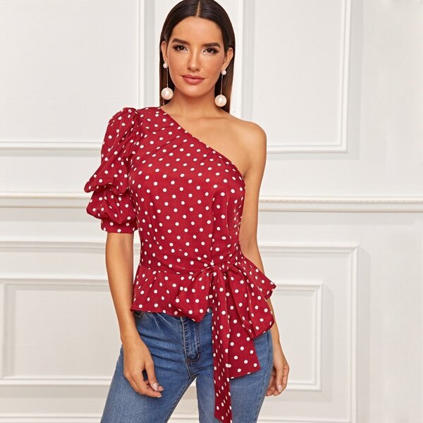 

One Shoulder Puff Sleeve Dot Belted Top, Red