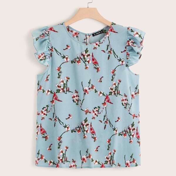 

Plus Keyhole Back Ruffle Trim Ditsy Floral Top