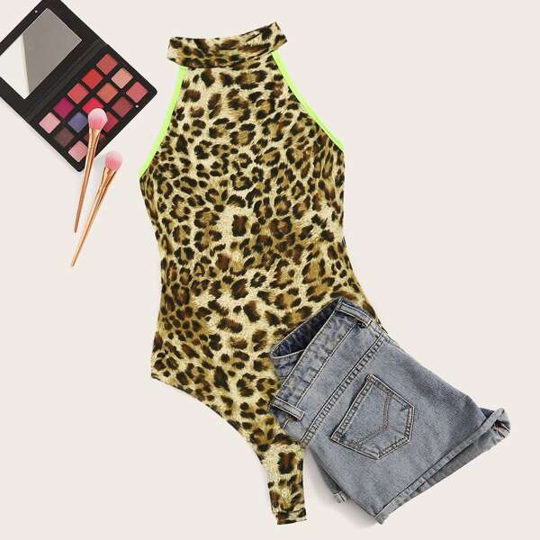 

Contrast Neon Binding Leopard Halter Bodysuit
