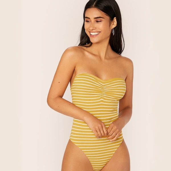 

Ruched Front Rib-knit Striped Tube Bodysuit