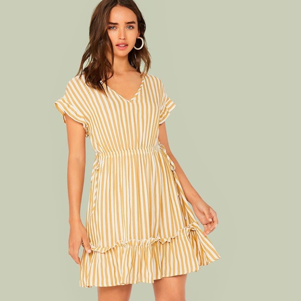 Ruffle Trim Tie Side Striped Dress, Yellow