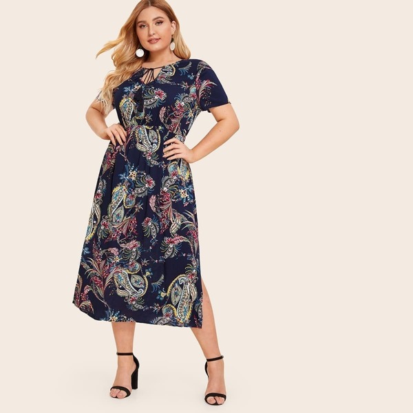 

Plus Fringe Detail Paisley Print Slit Hem Dress