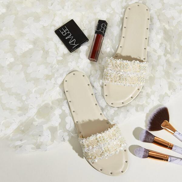 

Faux Pearl Decor Open Toe Flat Sliders