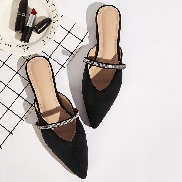 

Rhinestone Decor Point Toe Flat Sliders