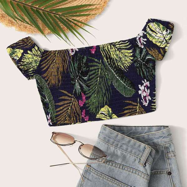 

Tropical Print Off Shoulder Smocked Crop Top, Multicolor