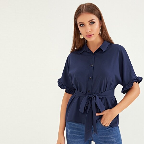 

Collared Ruffle Cuff Belted Shirt