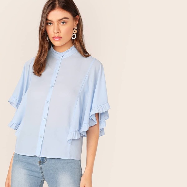 

Ruffle Trim Butterfly Sleeve Button Front Top
