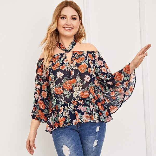 

Plus Tie Back Peekaboo Floral Print Peplum Top, Multicolor