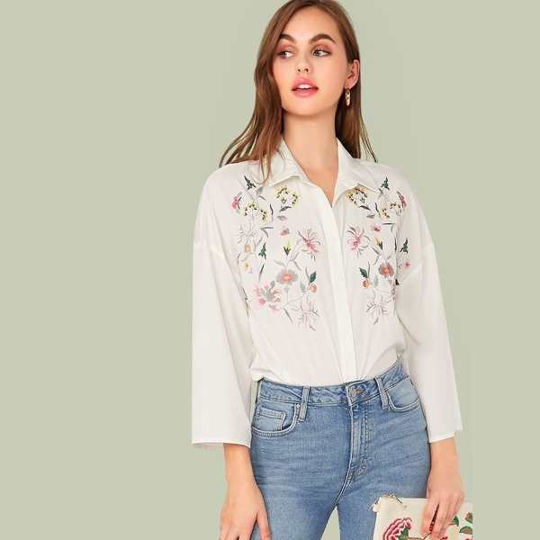 

Drop Shoulder Button Front Embroidery Floral Top, White
