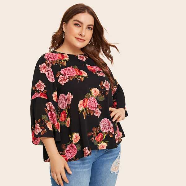 

Plus Flounce Sleeve Floral Print Top