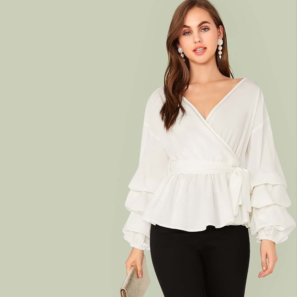 

Gathered Sleeve Surplice Neck Peplum Top, White
